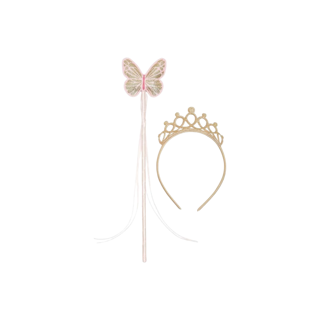 Pink gold wand and tiara with butterfly fairy theme for kids birthdays from Parte Haus party supply store in Bethesda Maryland