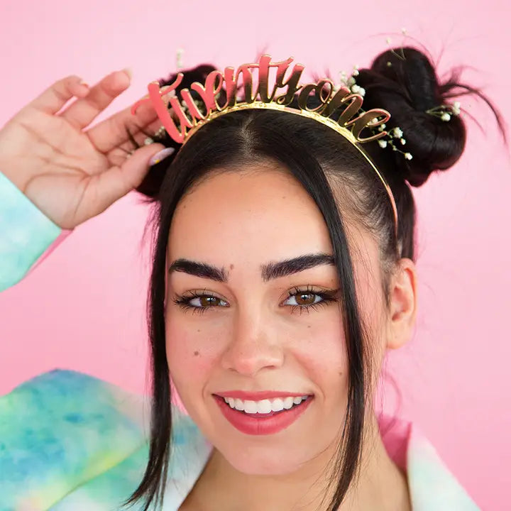 Gold twenty one metal headband with script design for birthday celebration from Parte Haus party supply store in Bethesda MD