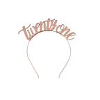 Gold twenty one metal headband with script font for birthday celebration from Parte Haus party supply store in Bethesda MD