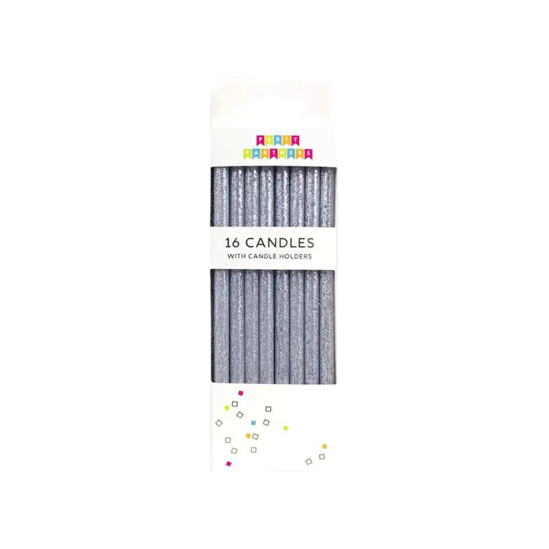 Silver glitter birthday candles in a pack of sixteen for celebration cakes from Parte Haus party supply store in Bethesda MD
