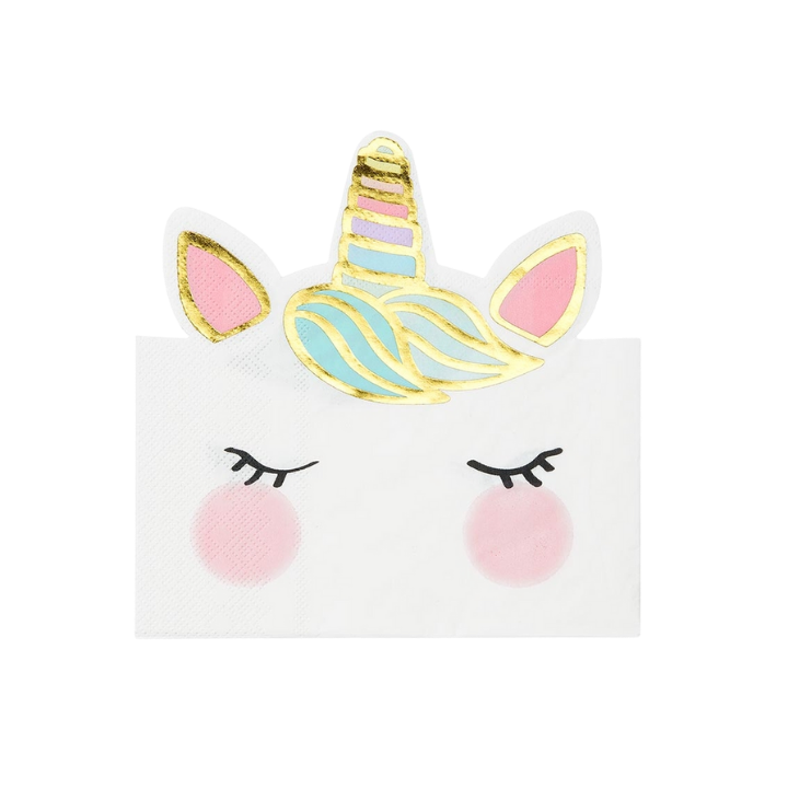 White pastel unicorn napkin with gold horn and closed eyes birthday theme from Parte Haus party supply store in Bethesda MD