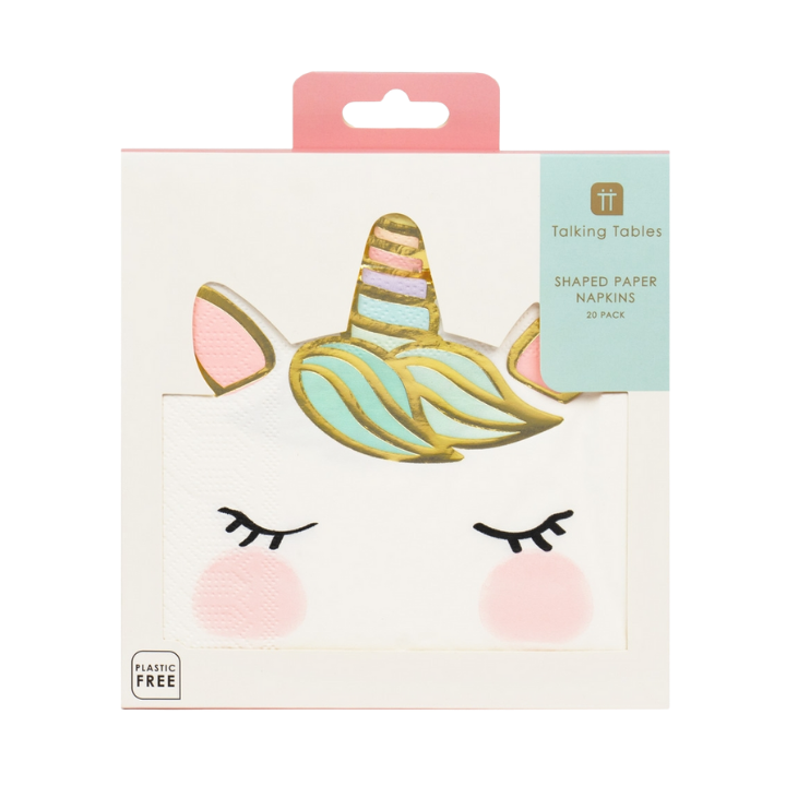 Pastel unicorn napkin with gold horn and closed eyes birthday theme from Parte Haus party supply store in Bethesda MD