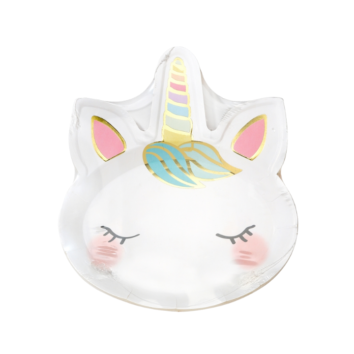 White unicorn plate with gold horn and pastel accents for birthday theme from Parte Haus party supply store in Bethesda MD