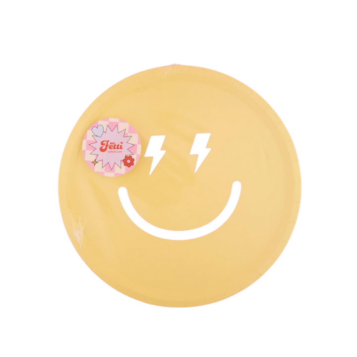 Yellow smiley face plate with lightning bolt eyes birthday theme from Parte Haus party supply store in Bethesda MD.
