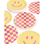 Yellow and pink checkered and smiley face plates retro party tableware from Parte Haus party supply store in Bethesda MD