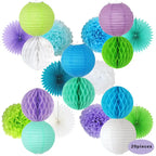 Blue green white purple paper lanterns and pom poms Under the Sea decoration kit from Parte Haus party supply store in Bethesda MD