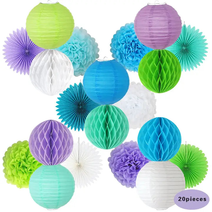 Blue green white purple paper lanterns and pom poms Under the Sea decoration kit from Parte Haus party supply store in Bethesda MD