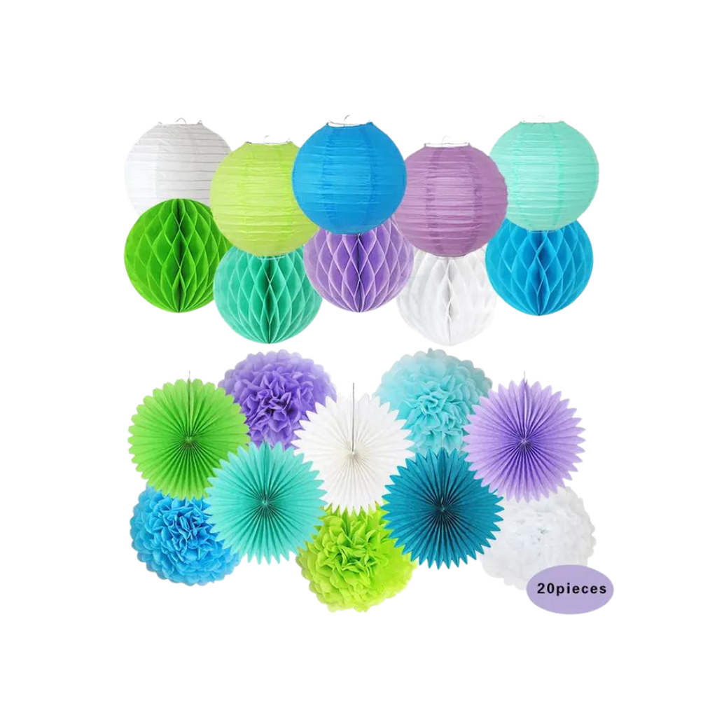 Blue purple green paper decoration kit with lanterns and fans Under the Sea theme from Parte Haus party supply store in Bethesda Maryland