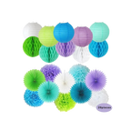 Blue purple green paper decoration kit with lanterns and fans Under the Sea theme from Parte Haus party supply store in Bethesda Maryland