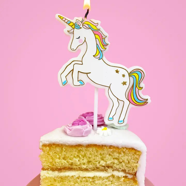 White rainbow unicorn candle cake topper for birthday from Parte Haus party supply store in Bethesda Maryland