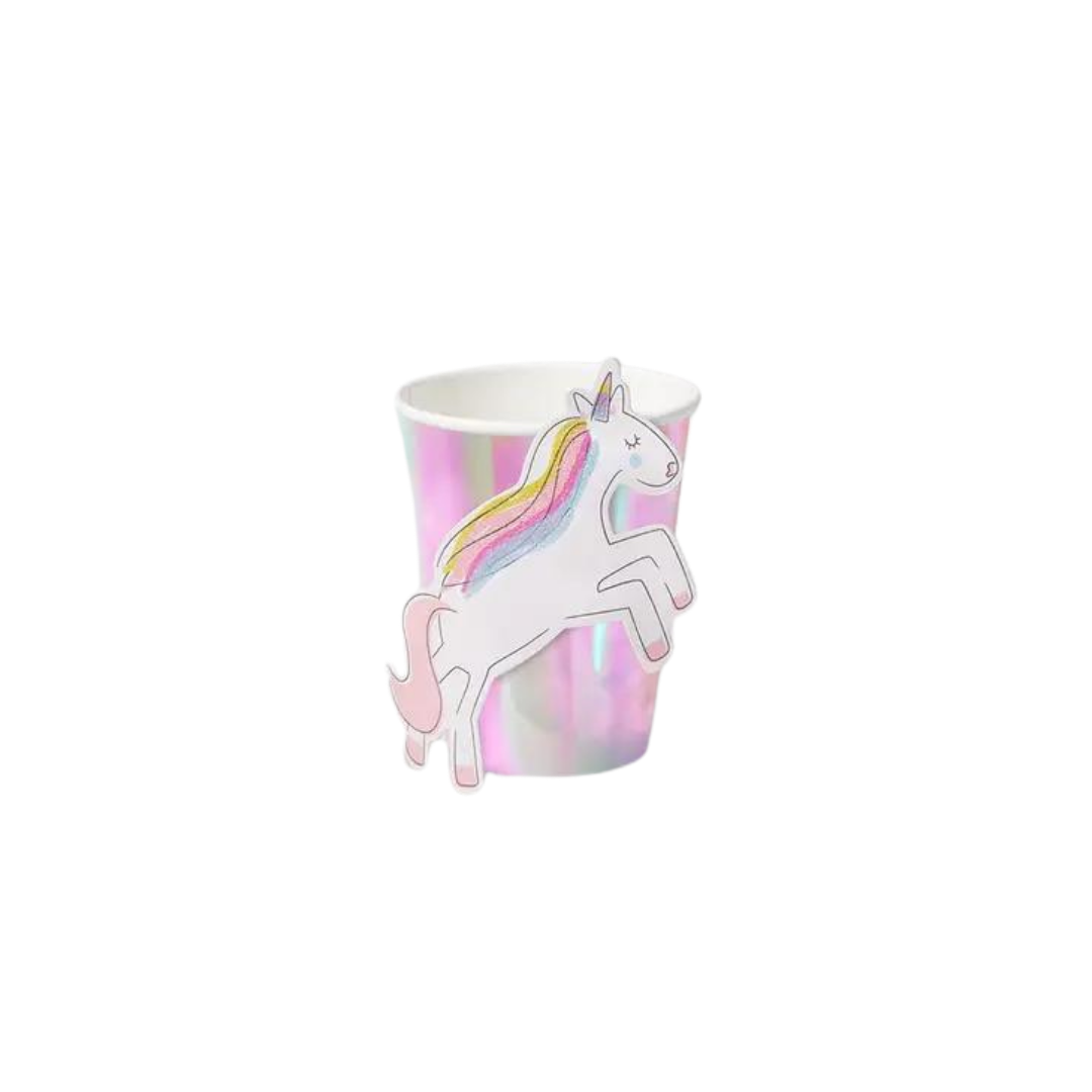Pink iridescent unicorn paper cup with rainbow mane for birthday from Parte Haus party supply store in Bethesda MD