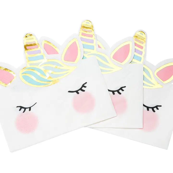 White unicorn face napkins with pastel and gold details birthday party theme from Parte Haus party supply store in Bethesda MD