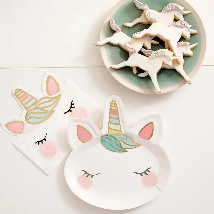 White unicorn face napkins with gold and pastel accents for birthday theme from Parte Haus party supply store in Bethesda MD