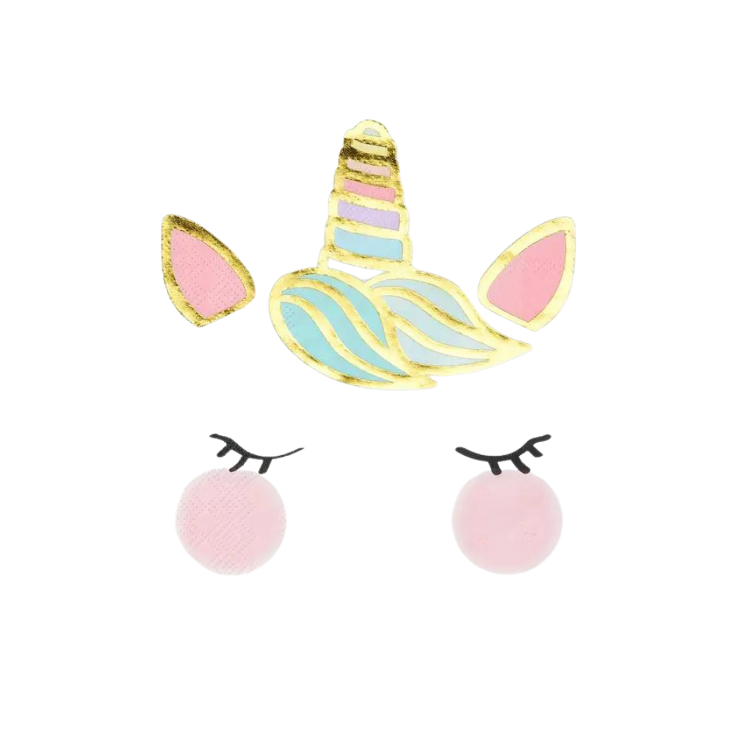 Pink unicorn face napkins with gold and pastel details for birthday from Parte Haus party supply store in Bethesda Maryland
