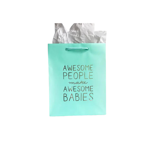 Mint green gift bag with gold text for baby shower from Parte Haus party supply store in Bethesda Maryland.