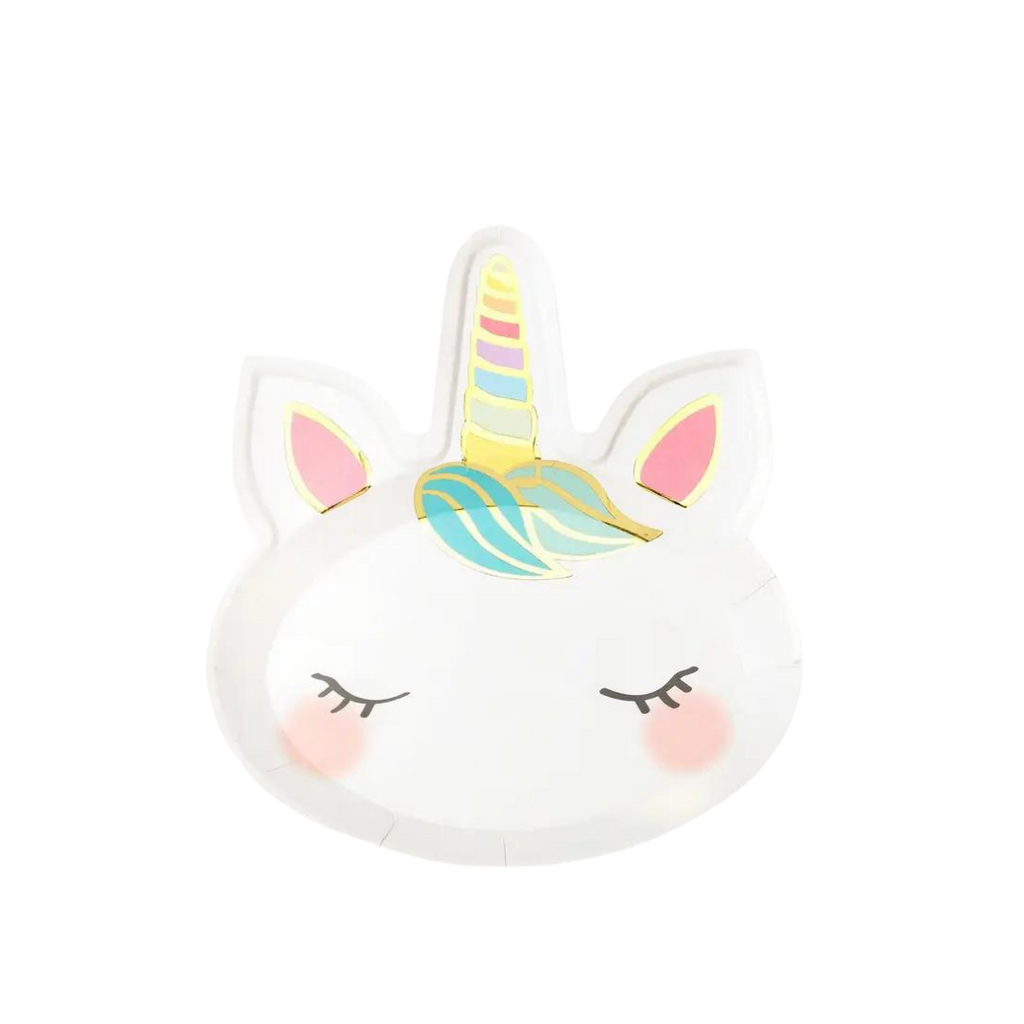 White unicorn shaped plate with gold and pastel horn for kids birthday from Parte Haus party supply store in Bethesda Maryland