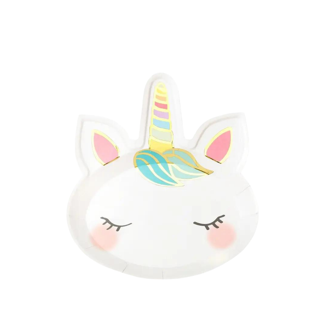 White unicorn shaped plate with gold and pastel horn for kids birthday from Parte Haus party supply store in Bethesda Maryland