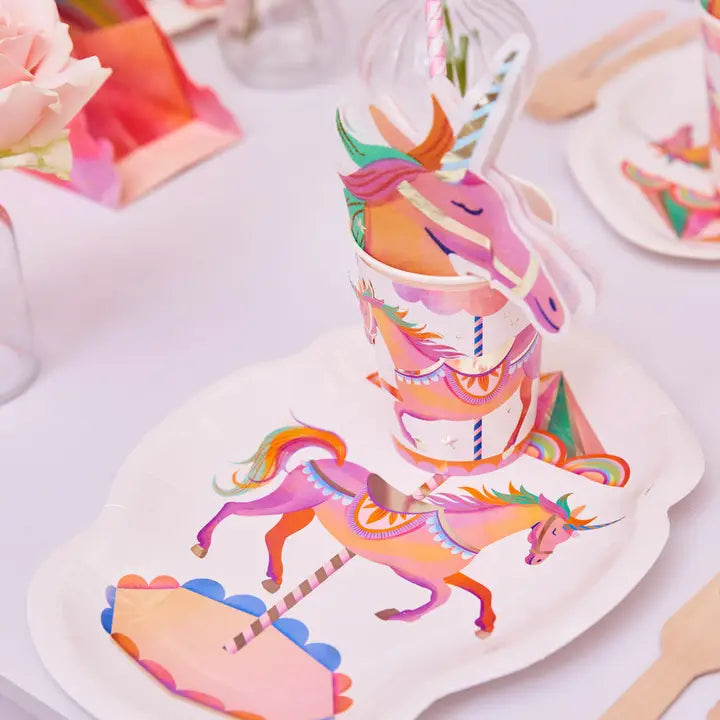 White and Rainbow Unicorn Carousel Shaped Large Dinner Plates