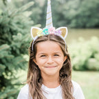 white gold unicorn headband with colorful flowers for birthday from Parte Haus party supply store in Bethesda MD