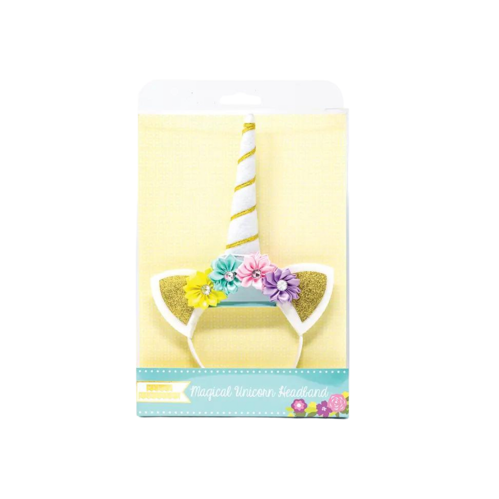 White unicorn headband with gold glitter ears and pastel flowers for birthday from Parte Haus party supply store in Bethesda Maryland