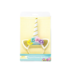White unicorn headband with gold glitter ears and pastel flowers for birthday from Parte Haus party supply store in Bethesda Maryland