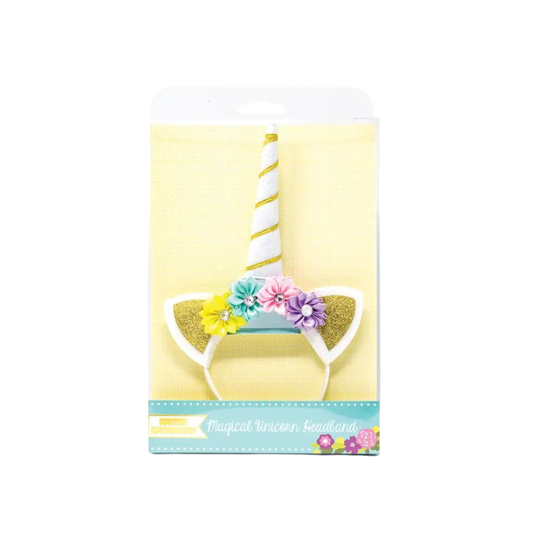White unicorn headband with gold glitter ears and pastel flowers for birthday from Parte Haus party supply store in Bethesda Maryland