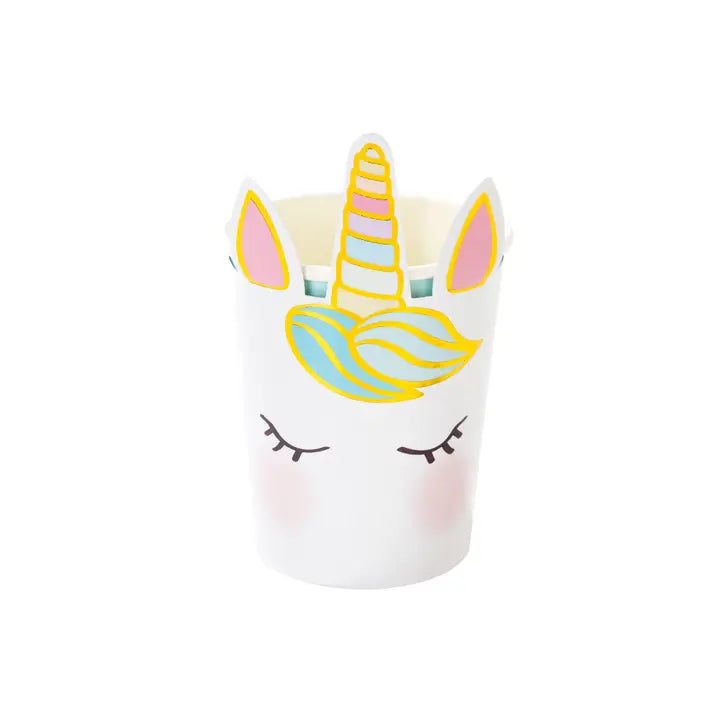 White unicorn paper cup with gold pastel details for birthday party from Parte Haus party supply store in Bethesda Maryland