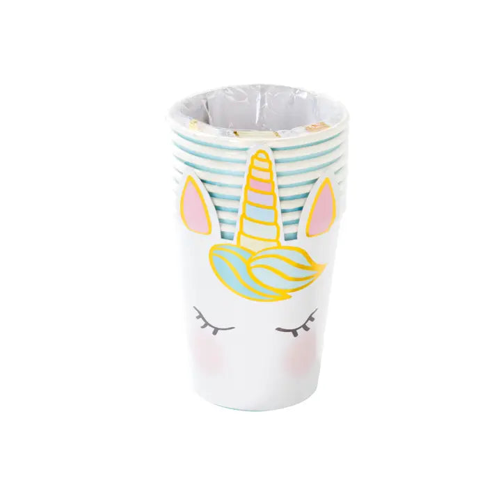 White unicorn paper cups with pastel horn and ears for kids birthday from Parte Haus party supply store in Bethesda MD
