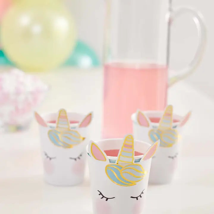 white unicorn cups with pastel accents for birthday party from Parte Haus party supply store in Bethesda MD