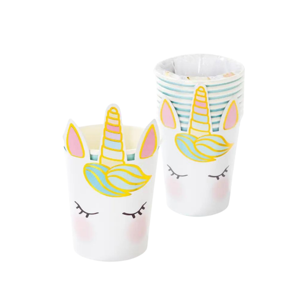 White unicorn cups with pastel pink and yellow accents for birthday from Parte Haus party supply store in Bethesda MD