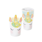 White unicorn cups with pastel pink and yellow accents for birthday from Parte Haus party supply store in Bethesda MD