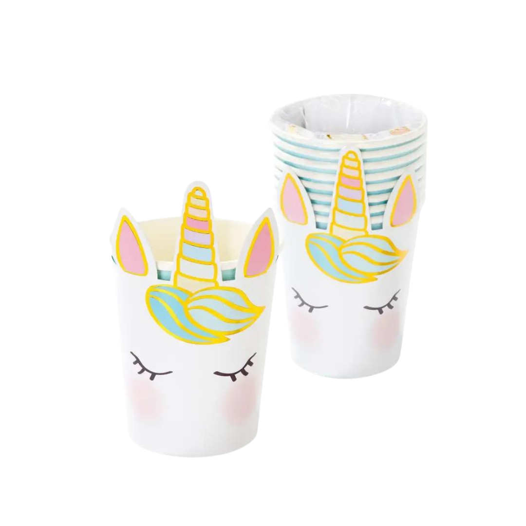 White unicorn cups with pastel pink and yellow accents for birthday from Parte Haus party supply store in Bethesda MD