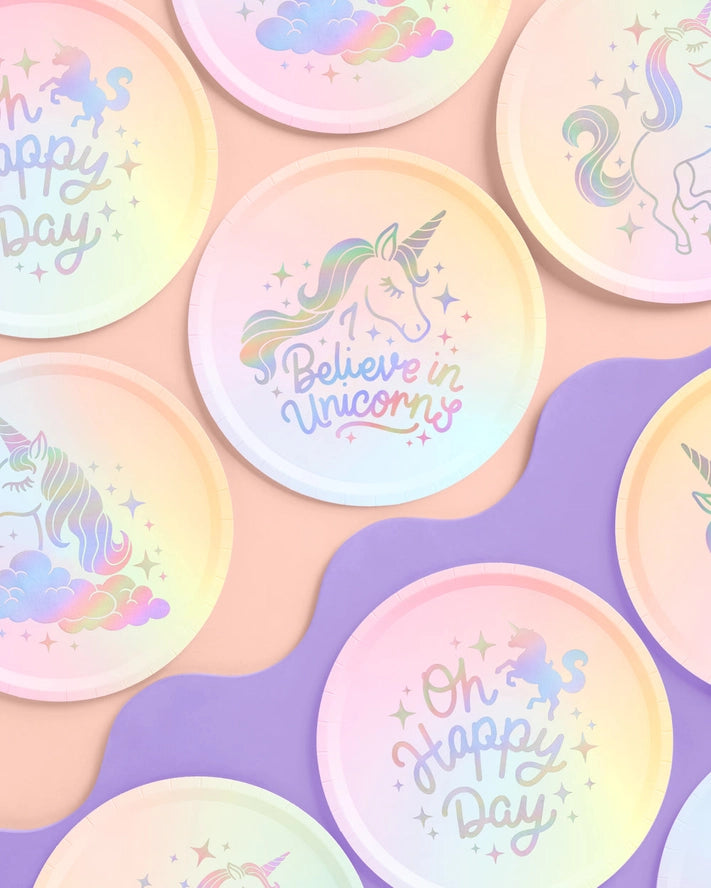 Pastel unicorn paper plates with Believe in Unicorns design birthday theme from Parte Haus party supply store in Bethesda MD