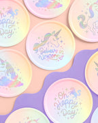 Pastel unicorn paper plates with Believe in Unicorns design birthday theme from Parte Haus party supply store in Bethesda MD