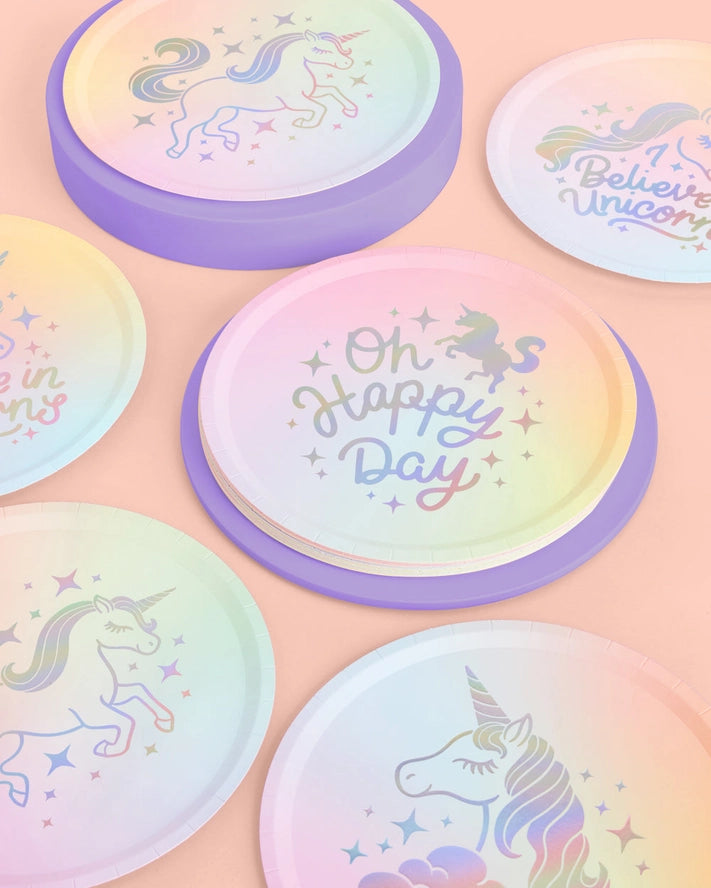 Pastel unicorn paper plates with happy birthday designs unicorn theme from Parte Haus party supply store in Bethesda MD.