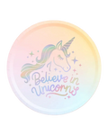pastel unicorn paper plate with believe in unicorns text birthday theme from Parte Haus party supply store in Bethesda MD