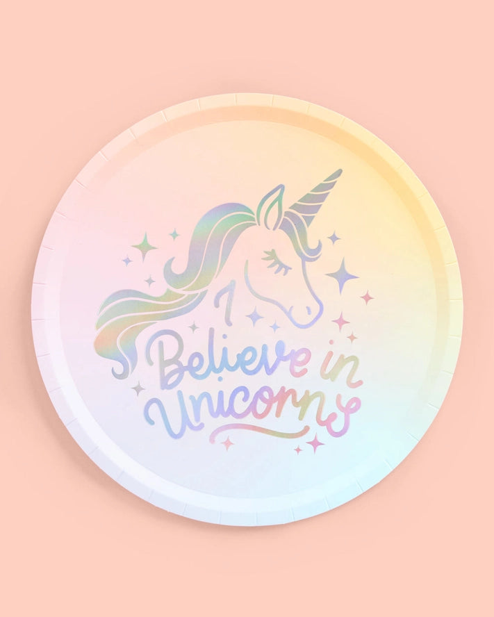 pastel unicorn paper plate with believe in unicorns text birthday theme from Parte Haus party supply store in Bethesda MD