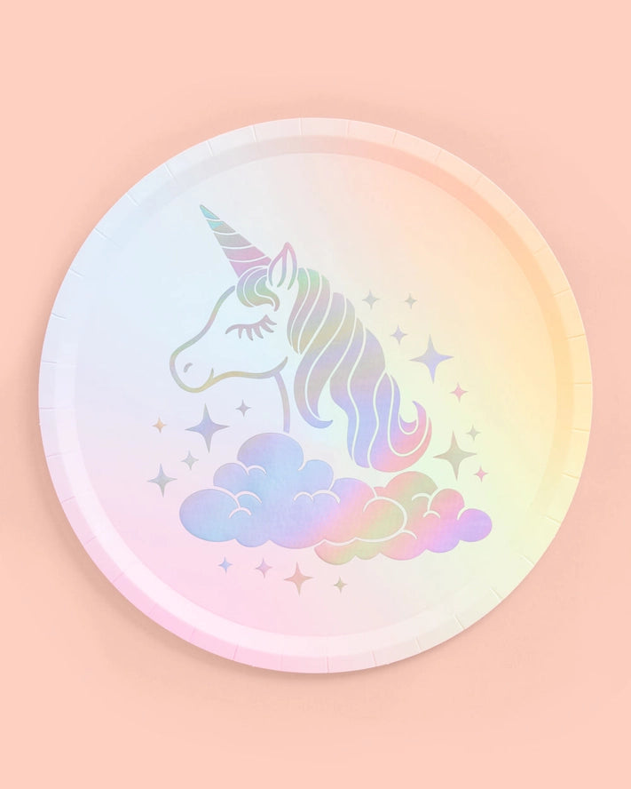 Pastel unicorn paper plate with clouds and stars birthday theme from Parte Haus party supply store in Bethesda Maryland