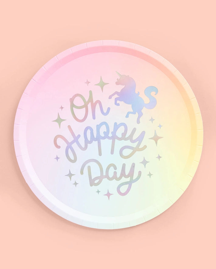 Pastel unicorn paper plate with Oh Happy Day text birthday theme from Parte Haus party supply store in Bethesda MD