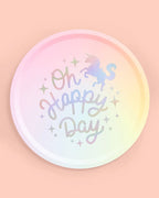 Pastel unicorn paper plate with Oh Happy Day text birthday theme from Parte Haus party supply store in Bethesda MD
