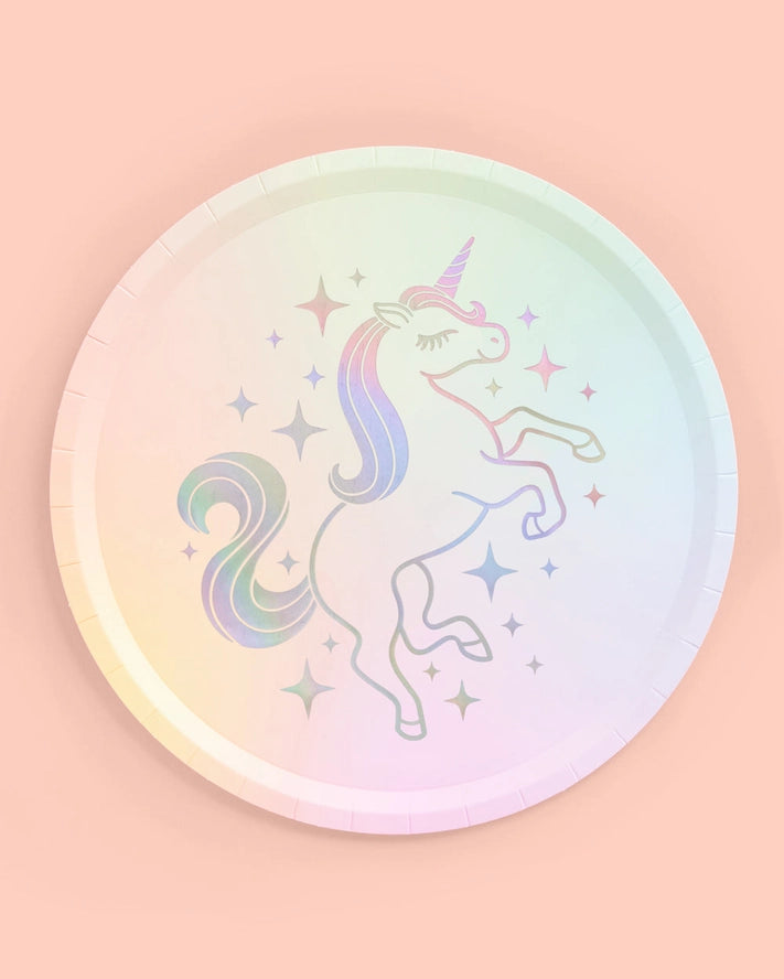 Pastel unicorn paper plate with rainbow mane for birthday theme from Parte Haus party supply store in Bethesda MD