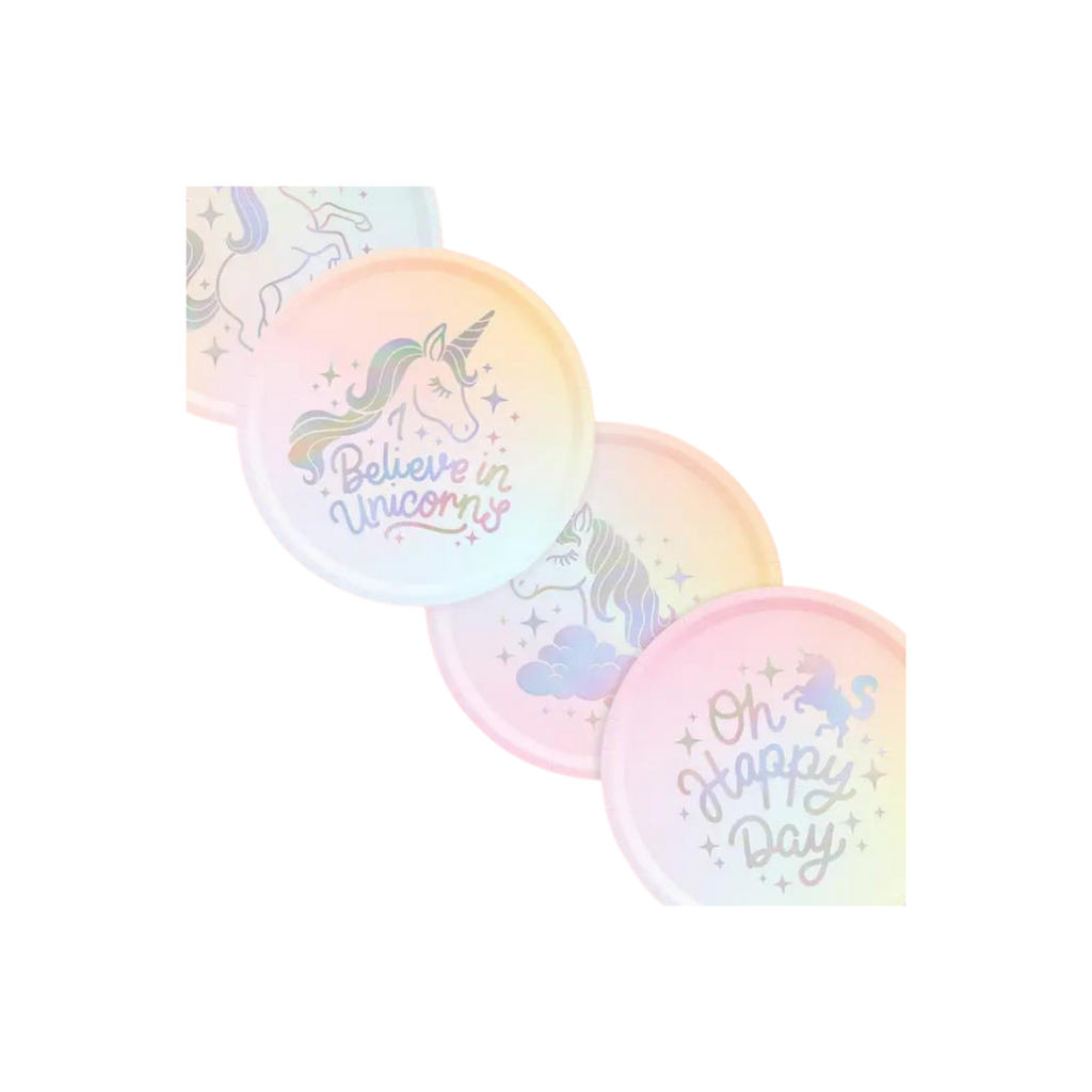 Pastel unicorn paper plates with rainbow designs for birthday party from Parte Haus party supply store in Bethesda MD