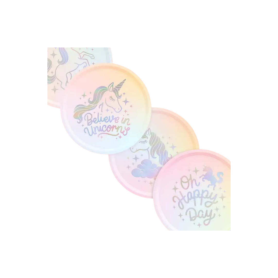 Pastel unicorn paper plates with rainbow designs for birthday party from Parte Haus party supply store in Bethesda MD