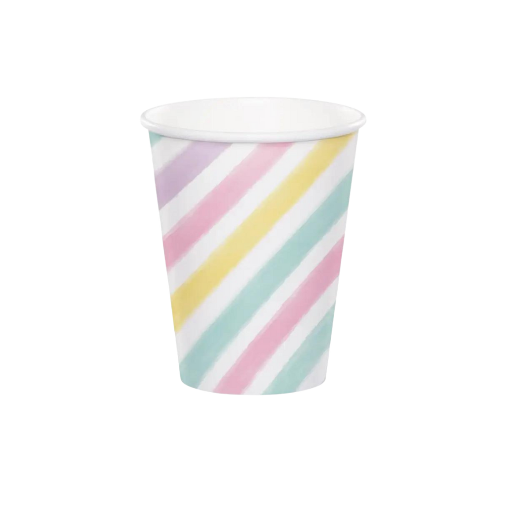 pastel rainbow paper cup with diagonal stripes unicorn birthday theme from Parte Haus party supply store in Bethesda Maryland