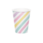 pastel rainbow paper cup with diagonal stripes unicorn birthday theme from Parte Haus party supply store in Bethesda Maryland