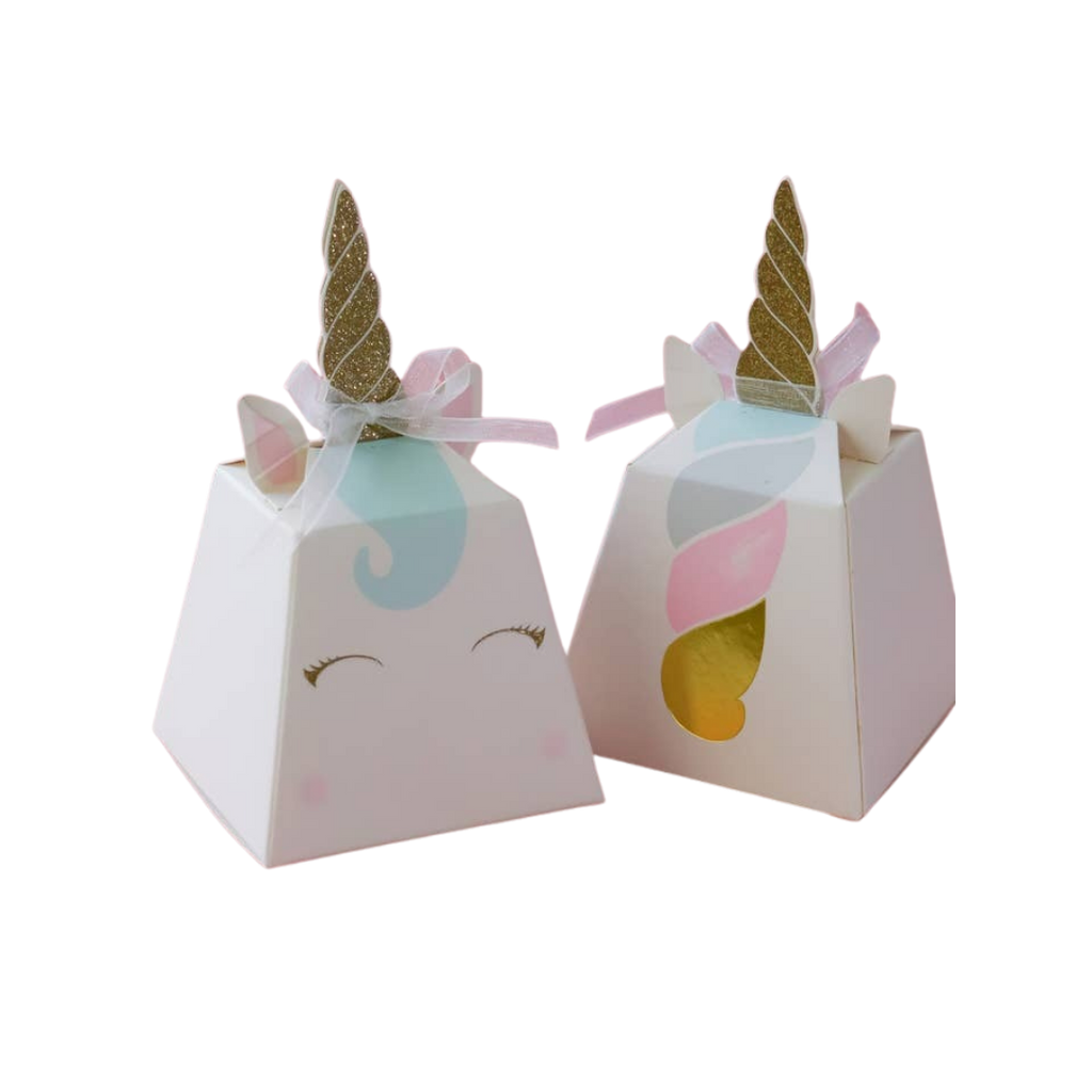 White unicorn favor box with pastel details and golden horn for birthday from Parte Haus party supply store in Bethesda MD