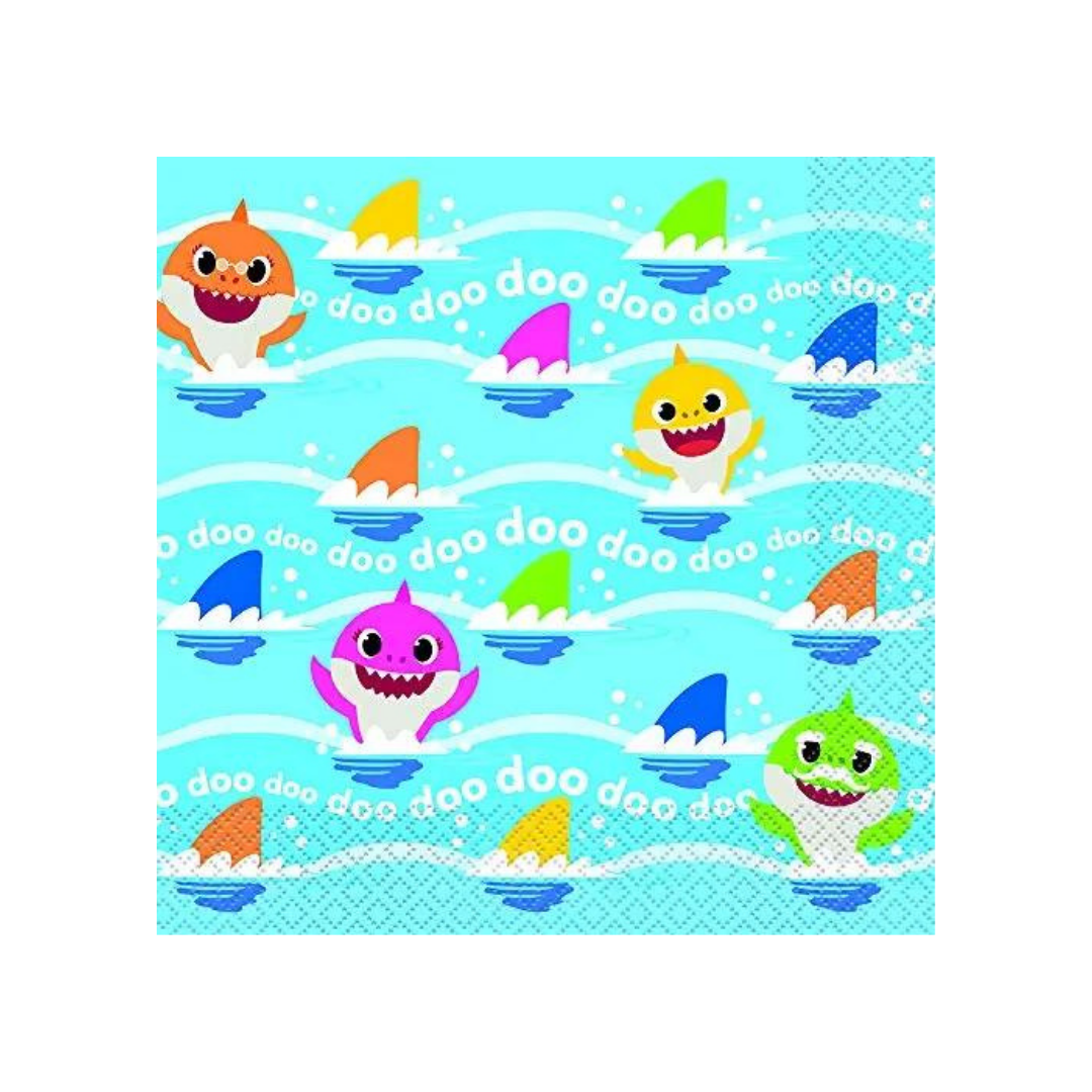 Blue Baby Shark paper lunch napkins with colorful sharks for kids birthday from Parte Haus party supply store in Bethesda MD