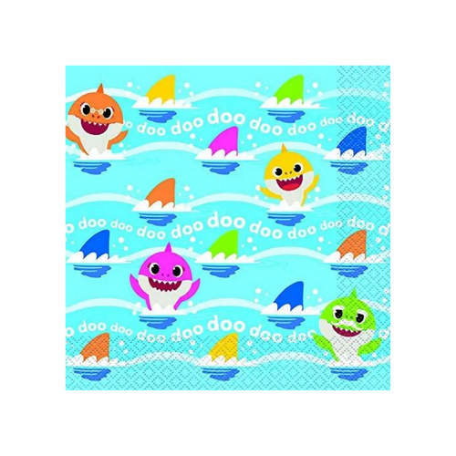 Blue Baby Shark paper lunch napkins with colorful sharks for kids birthday from Parte Haus party supply store in Bethesda MD