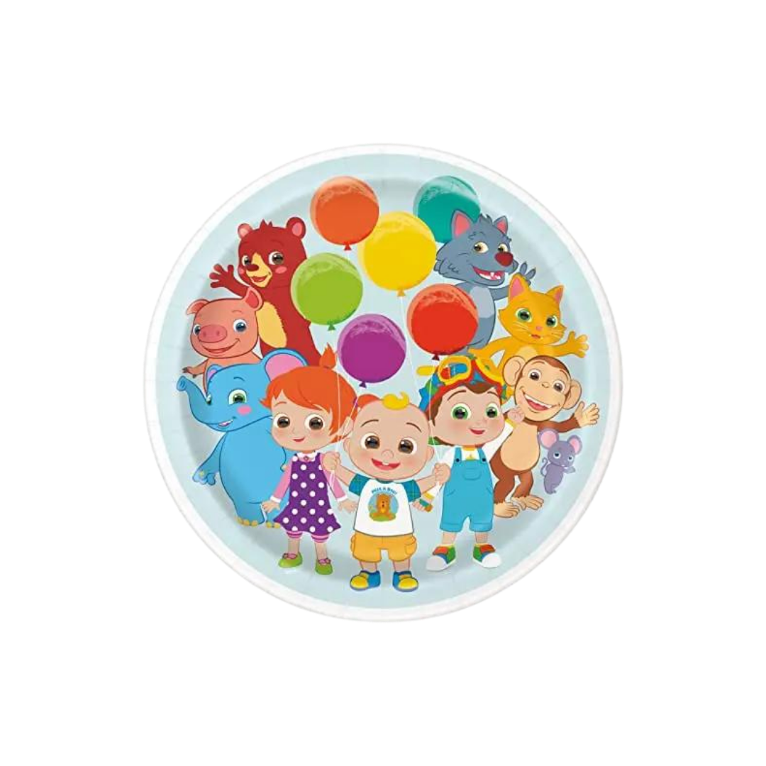 Colorful Cocomelon round dinner plate with cartoon kids and animals birthday theme from Parte Haus party supply store in Bethesda MD