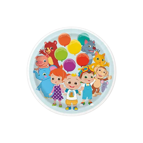 Colorful Cocomelon round dinner plate with cartoon kids and animals birthday theme from Parte Haus party supply store in Bethesda MD
